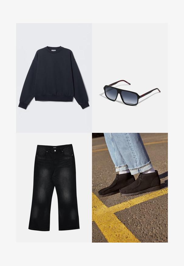 Tumši zils džemperis no kokvilnas maisījuma, ar apaļu kakla izgriezumu, nolaistām plecu līnijām, ribotām aprocēm un elastīgu apakšu. Minimālistisks dizains.; Melni platām kājām džinsi, izgatavoti no denima, ar divām priekšējām kabatām, maigu izbalējušu efektu un pogu aizdari jostasvietā.; Melni zamšaini potīšu zābaki ar gludu tekstūru, izliekta purngala un dūriena dekoriem. Apvienoti ar gaiši ziliem bārkstainiem džinsiem un baltiem zeķēm.; Melni taisnstūrveida saulesbrilles ar pelēkiem gradienta lēcu toņiem. Ar sarkaniem akcentiem uz tempļiem un gludu plastmasas rāmi.