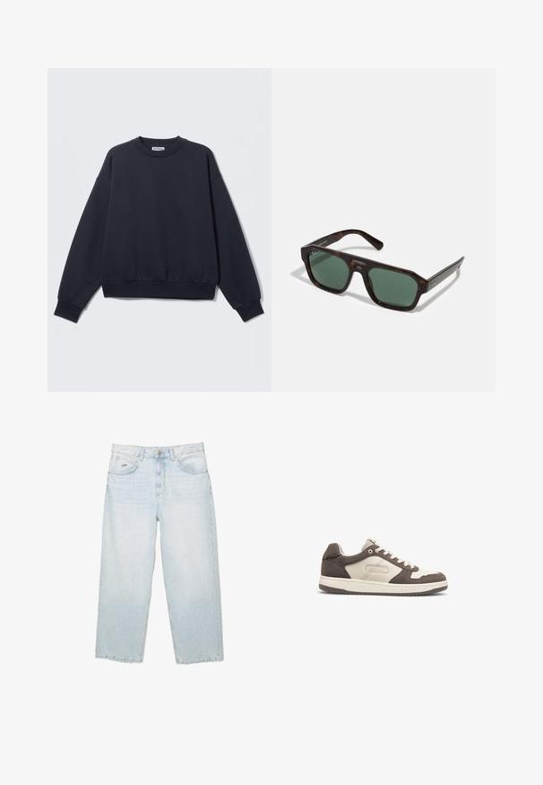 Mörkblå sweatshirt i bomullsblandning med rund halsringning, nedsänkta axlar, ribbade muddar och resår i nederkant. Minimalistisk design.; Ljusblå högmidjade raka jeans med framknapp, fickor och en liten märkesbricka i metall på den högra framfickan.; Les Deux WRIGHT - Sneakers - white/walut; Bruna sköldpaddsglasögon med gröna linser, tjocka fyrkantiga bågar och metallaccenter vid näsryggen. Minimalistisk design med en blank finish.