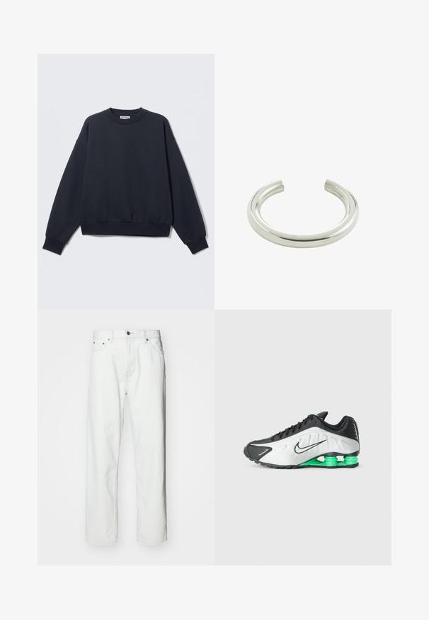 Tmavomodrá námornícka mikina z bavlnenej zmesi s okrúhlym výstrihom, spustenými ramenami, rebrovanými manžetami a elastickým spodným lemom. Minimalistický dizajn.; Biele džínsy z denimovej látky so strihaním rovného strihu, dizajnom s piatimi vreckami, zapínaním na gombík a jemnými švami. Hladká textúra a minimalistický štýl.; Čierno-biela športová obuv s zelenými akcentmi, s elegantným dizajnom, štruktúrovaným zvrškom a charakteristickou segmentovanou podrážkou.; Pilgrim PHASE - Náramok - silver