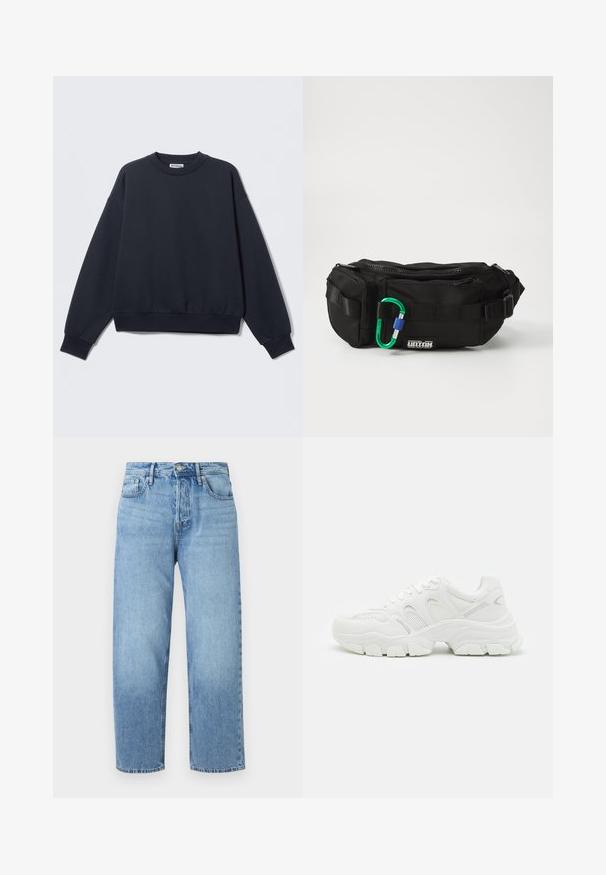 Tumši zils džemperis no kokvilnas maisījuma, ar apaļu kakla izgriezumu, nolaistām plecu līnijām, ribotām aprocēm un elastīgu apakšu. Minimālistisks dizains.; Gai zils džinsu audums ar taisnu kāju dizainu, augstu jostasvietu, piecām kabatām un nemanāmu nodilumu. Iezīmēts ar pogas aizdari un jostu cilpām.; Baltas sporta apavus ar sietiņu augšdaļu un ādas akcentiem, teksturētu gumijas zoli un masīvu dizainu ar izteiktiem kontūriem.; Melnas neilona jostas soma ar rāvējslēdzēja aizdari, regulējamu siksnu un zaļganu un zilu karabīni pievienotu priekšpusē.