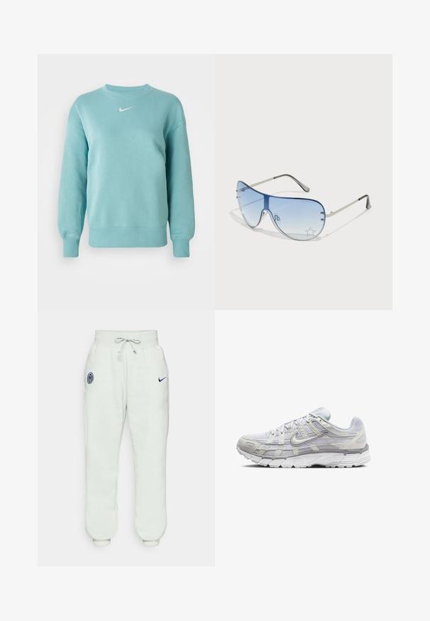 Himmelblaues Langarm-Sweatshirt mit Rundhalsausschnitt, gerippten Bündchen und Saum, mit einem kleinen weißen Nike-Swoosh-Logo in der Mitte der Brust.; Hellgraue Jogginghosen mit elastischem Bund, Zugband, Bundfalten und elastischen Knöcheln sowie einem dunkelblauen Emblem mit einem Logo auf dem linken Oberschenkel.; Helle graue Sportschuhe mit einem Obermaterial aus Mesh und Synthetik, ausgestattet mit Schnürverschluss, gepolsterter Zunge und strukturiertem Sohlen für besseren Grip.; Flugzeugbrille mit einem verlaufenden blauen Glase, silbernem Metallrahmen und dekorativen Sternelementen auf dem Glas. Glattes und elegantes Design.