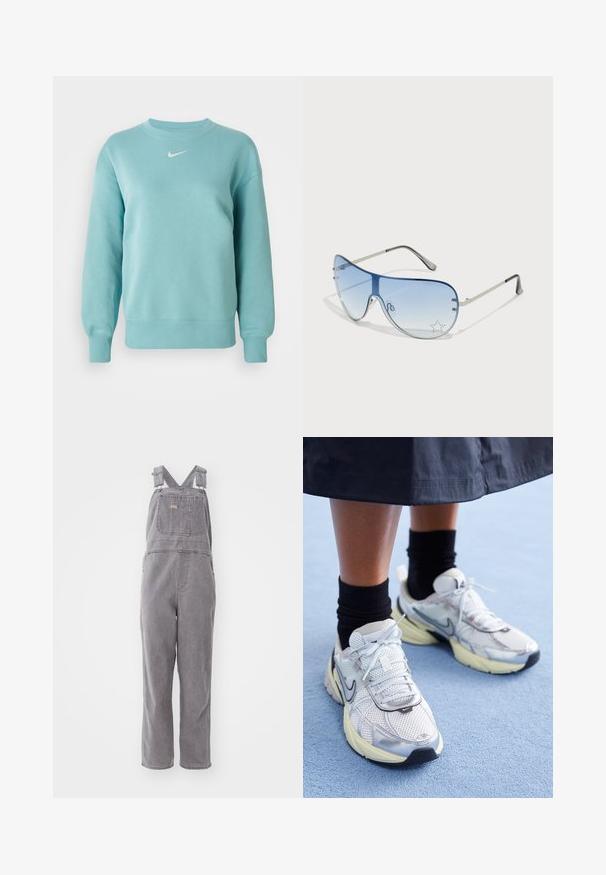 Felpa a maniche lunghe blu chiaro con collo rotondo, con polsini e fondo a coste, caratterizzata da un piccolo logo Nike swoosh bianco al centro del petto.; Bretelle in denim grigio con spalline regolabili, una tasca frontale e una vestibilità rilassata. Presenta gambe a taglio dritto e un colore uniforme.; Nike sneakers bianchi e argento con tessuto in rete, dettagli riflettenti e suola beige. Indossati con calze nere, in piedi su una superficie blu.; Occhiali da sole aviator con lenti blu sfumate, montatura in metallo argentato e decorazioni a forma di stella sulle lenti. Design liscio e sofisticato.