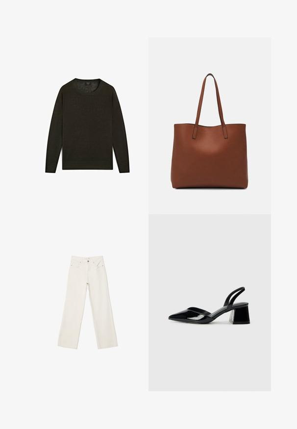 Maglione verde scuro realizzato in materiale morbido, con scollatura rotonda, maniche lunghe e orlo dritto con dettagli a costine.; Jeans bianchi a gamba larga in denim, con vita alta, tasche anteriori e chiusura con bottone. Design pulito e minimal con pochi dettagli.; Décolleté in vernice nera con punta affusolata e tacco in geometria cubica. Presentano un design elegante e minimalista, con una texture liscia.; Borsa tote in pelle marrone con texture liscia, design con apertura superiore e due spallacci. Presenta cuciture minime e nessun hardware visibile.
