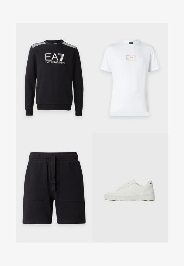 Black sweatshirt made of cotton, featuring a crew neckline, long sleeves, white EA7 logo and stripes across the shoulders.; White cotton t-shirt featuring a round neckline and short sleeves, with a gold EA7 Emporio Armani logo printed on the front.; Black shorts made of cotton blend fabric, featuring an elastic waistband with drawstring, two side pockets, and a small logo detail.; White leather sneaker with a smooth finish, round toe, flat laces, and a textured sole. Features a subtle logo on the heel.
