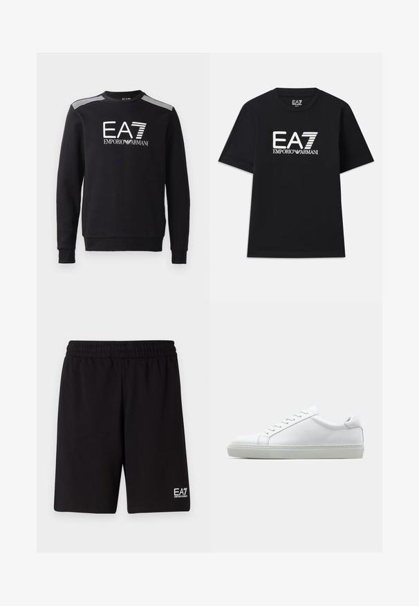 Svart sweatshirt i bomull med rund halsringning, långa ärmar, vit EA7-logotyp och ränder över axlarna.; Svart t-shirt i bomull med rund halsringning och korta ärmar. Broderad logotyp "EA7 EMPORIO ARMANI" i vitt framtill.; Svarta atletiska shorts gjorda av mjukt tyg, med elastisk midja och en liten vit logotyp på nedre högra sidan.; Vit sneaker med en slät läderövre och låg profil. Har en rundad tå, sex snörhål och en strukturerad gummisula.