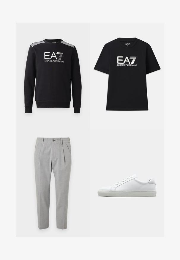 Svart sweatshirt i bomull med rund halsringning, långa ärmar, vit EA7-logotyp och ränder över axlarna.; Svart t-shirt i bomull med rund halsringning och korta ärmar. Broderad logotyp "EA7 EMPORIO ARMANI" i vitt framtill.; Grå skräddarsydda byxor med en slät textur, med en veckad design, framfickor, midjeband med bälteshållare och knappstängning.; Vit sneaker med en slät läderövre och låg profil. Har en rundad tå, sex snörhål och en strukturerad gummisula.