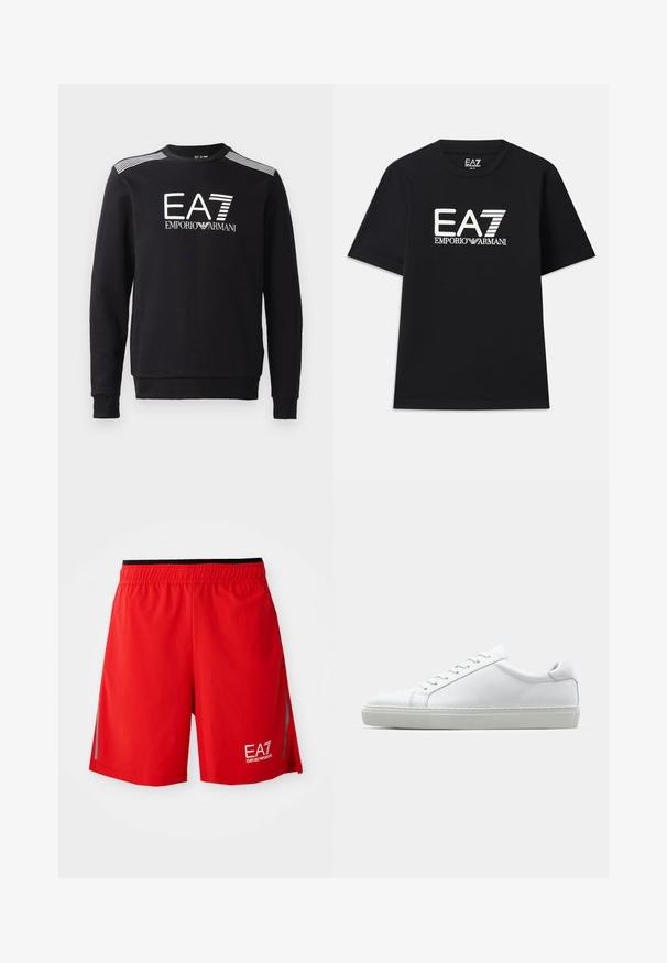 Sweatshirt preto em algodão, com decote redondo, mangas longas, logo EA7 branco e riscas nos ombros.; T-shirt preta feita de algodão, com decote redondo e mangas curtas. Logótipo bordado "EA7 EMPORIO ARMANI" em branco na frente.; Calções desportivos vermelhos com cintura elástica preta, aberturas laterais, detalhes refletivos e logótipo branco EA7 Emporio Armani na parte frontal da perna direita.; Sapatilha branca com um cabedal em couro liso e de perfil baixo. Apresenta um bico redondo, seis ilhoses e uma sola de borracha texturizada.