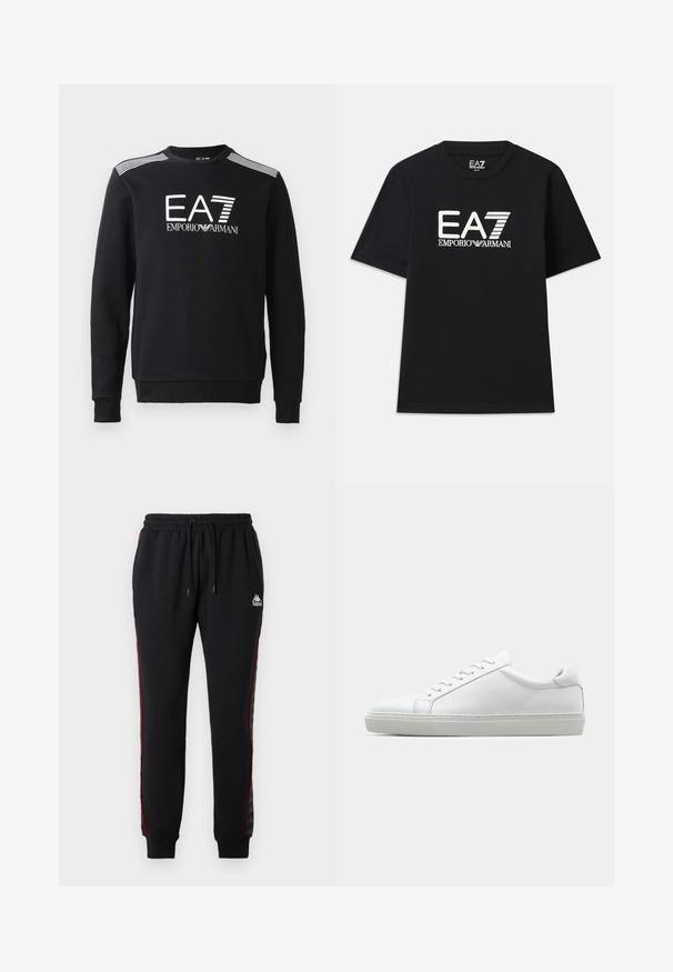 Sort sweatshirt lavet af bomuld med rund halsudskæring, lange ærmer, hvid EA7-logo og striber på skuldrene.; Sort t-shirt lavet af bomuld, med rund hals og korte ærmer. Broderet logo "EA7 EMPORIO ARMANI" i hvid på fronten.; Sorte sweatpants med elastisk talje, røde sidelister og Kappa-logo. Lavet af glat stof, med ribbede cuffs og en afslappet pasform.; Hvide sneakers med en glat læderoverdel og lav profil. Har en rund tå, seks snørehuller og en tekstureret gummisål.