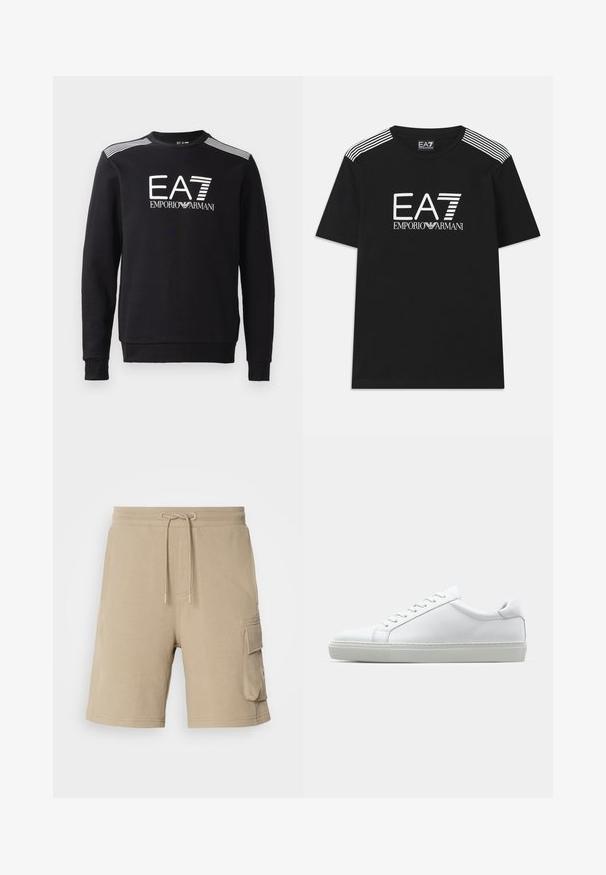 Black sweatshirt made of cotton, featuring a crew neckline, long sleeves, white EA7 logo and stripes across the shoulders.; Black cotton t-shirt featuring a white EA7 logo and 'Emporio Armani' text. Three white stripes on the shoulders enhance the design.; Beige cargo shorts made of soft fabric, featuring a drawstring waistband and side pockets. Simple design, knee-length, minimal stitching details.; White sneaker with a smooth leather upper and a low profile. Features a rounded toe, six eyelets, and a textured rubber sole.