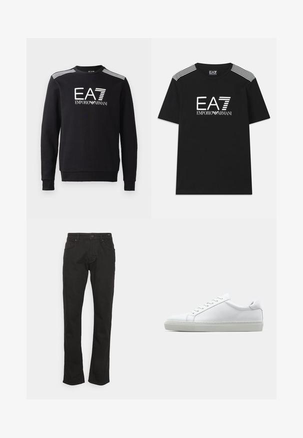 Must värvi puuvillane sweatshirt, millel on ümar kaelus, pikad varrukad, valge EA7 logo ja triibud õlgadel.; Must must t-särk, millel on valge EA7 logo ja tekst "Emporio Armani". Õlgadel rikastavad disaini kolm valget triipu.; JOOP! Jeans MITCH - Sirgete säärtega teksad - black; Valge tennisetoss, millel on sile nahk pealis ja madal profiil. Omab ümarat ninaosa, kuut silmust ja tekstuuriga kummist talda.