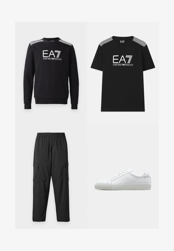 Svart sweatshirt laget av bomull, med rund hals, lange ermer, hvit EA7-logo og striper over skuldrene.; Svart bomull t-skjorte med hvit EA7-logo og teksten 'Emporio Armani'. Tre hvite striper på skuldrene forbedrer designet.; Sorte cargo bukser laget av lett stoff, med elastisk linning, sidelommer og et avslappet, rett ben-design.; Hvit sneakers med en glatt skinnoverdel og lav profil. Har en rund tå, seks snøring hull, og en teksturert gummisåle.