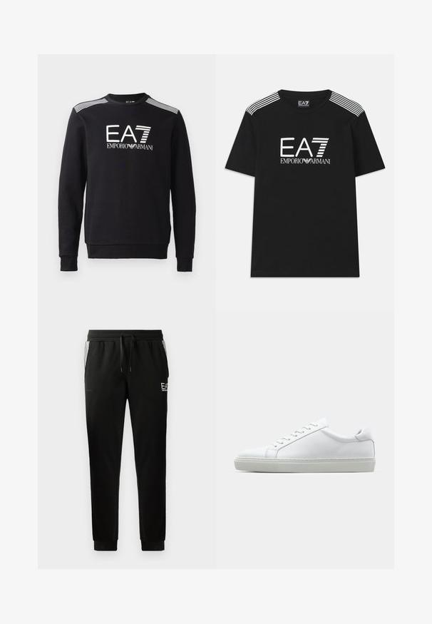 Svart sweatshirt laget av bomull, med rund hals, lange ermer, hvit EA7-logo og striper over skuldrene.; Svart bomull t-skjorte med hvit EA7-logo og teksten 'Emporio Armani'. Tre hvite striper på skuldrene forbedrer designet.; Svarte joggebukser med snor i livet, avsmalnende ben, ribbestrikkede mansjetter og grafisk logo detaljer på fronten samt stripete aksenter på sidene.; Hvit sneakers med en glatt skinnoverdel og lav profil. Har en rund tå, seks snøring hull, og en teksturert gummisåle.