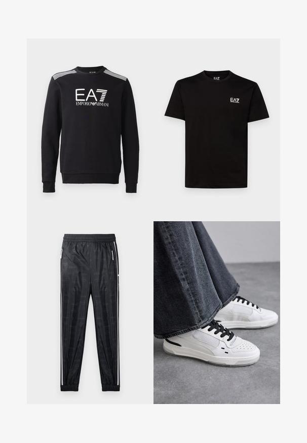 Schwarzer Baumwollpullover mit Rundhalsausschnitt, langen Ärmeln, weißem EA7-Logo und Streifen über den Schultern.; Schwarzes Baumwoll-T-Shirt mit Rundhalsausschnitt, kurzen Ärmeln und kleinem weißen EA7-Logo auf der linken Brust. Glatte Textur und reguläre Passform.; Schwarze Sporthose mit glänzender Oberfläche, ausgestattet mit einem dezenten Logomuster, elastischem Bund und seitlichen Reißverschlusstaschen mit weißen Akzenten.; Weiße Sneakers mit schwarzen Schnürsenkeln und Netzdetails. Die Schuhe verfügen über ein glattes Lederobermaterial und eine strukturierte Gummisohle. Kombiniert mit weiten, grauen Jeans.