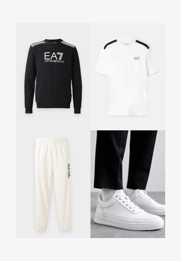Svart sweatshirt i bomull med rund halsringning, långa ärmar, vit EA7-logotyp och ränder över axlarna.; Vit kortärmad t-shirt med svarta accentremsor på axlarna. Har en liten svart logotyp på bröstet. Tillverkad av mjukt, slätt tyg.; Ljusbeige sweatpants med elastiskt midjeband och elastiska muddar. Har en svart tryckt logotyp på vänster ben. Mjuk tygkvalitet.; Vita lädersneakers med platt gummisula, med en slät finish, rund tå och metallöglor för snörning. Bärs med svarta byxor.