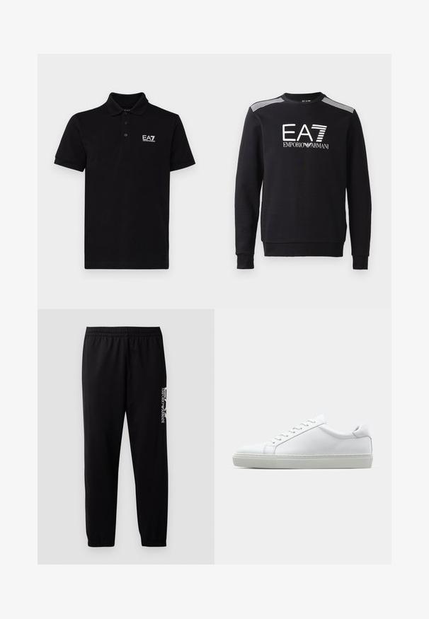 Čierna mikina vyrobená z bavlny, s okrúhlym výstrihom, dlhými rukávmi, bielym logom EA7 a pruhmi na pleciach.; Čierne polo tričko vyrobené z bavlny s klasickým golierom, lištou na tri gombíky a bielym logom EA7 na ľavej strane hrude. Krátke rukávy.; Čierne športové nohavice vyrobené z hladkej látky, s elastickým pásom a manžetami, a s kontrastnou logom potlačeným na boku.; Biele tenisky s hladkým koženým zvrškom a nízkym profilom. Majú zaoblenú špičku, šesť očiek a štruktúrovanú gumovú podrážku.