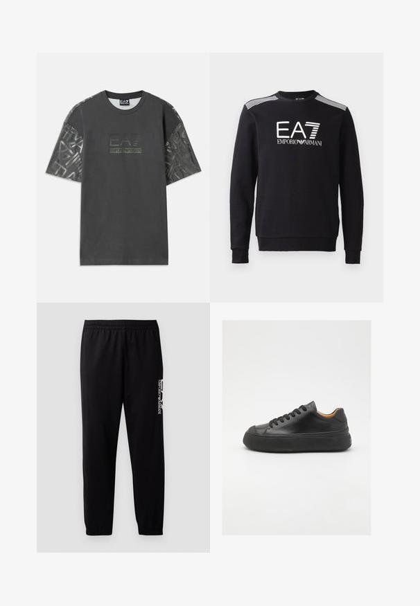 Svart sweatshirt laget av bomull, med rund hals, lange ermer, hvit EA7-logo og striper over skuldrene.; Grå bomull T-skjorte med korte ermer, med mønstret stoff på ermene, og en sentral logo som leser "EA7 Emporio Armani."; Sorte treningsbukser laget av glatt stoff, med elastisk midjebånd og mansjetter, samt en kontrasterende logo trykket på siden.; Sorte lær sneakers med rund tå, snøring foran, glat tekstur, tyk gummisål og kontrasterende tan inderside.