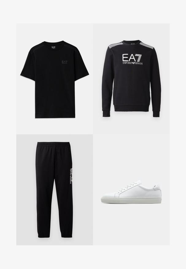 Svart sweatshirt laget av bomull, med rund hals, lange ermer, hvit EA7-logo og striper over skuldrene.; Svart bomull T-skjorte med korte ermer, med en subtil logo på brystet og teksturerte detaljer på skuldrene. Klassisk passform.; Sorte treningsbukser laget av glatt stoff, med elastisk midjebånd og mansjetter, samt en kontrasterende logo trykket på siden.; Hvit sneakers med en glatt skinnoverdel og lav profil. Har en rund tå, seks snøring hull, og en teksturert gummisåle.