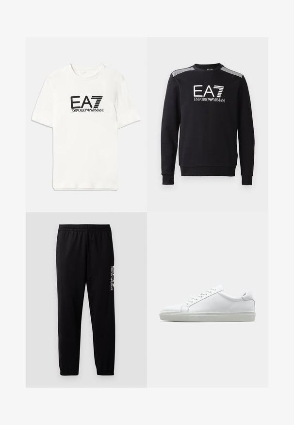 Must värvi puuvillane sweatshirt, millel on ümar kaelus, pikad varrukad, valge EA7 logo ja triibud õlgadel.; Valge puuvillane t-särk, millel on must EA7 logo ja tekst "EMPORIO ARMANI". Lühikesed varrukad, ümmargune kaelus, regulaarne lõige, sile tekstuur.; Mustad mustreeritud mustad sportpüksid, mis on valmistatud siledast kangast. Need on varustatud elastse vöökohaga ja mansettidega ning külje peal on kontrastne logo trükk.; Valge tennisetoss, millel on sile nahk pealis ja madal profiil. Omab ümarat ninaosa, kuut silmust ja tekstuuriga kummist talda.