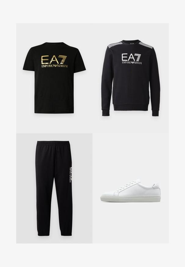 Czarna bluza wykonana z bawełny, z okrągłym dekoltem, długimi rękawami, białym logo EA7 oraz paskami na ramionach.; Czarny bawełniany t-shirt z połyskującym złotym nadrukiem "EA7" oraz "emporio armani" na przodzie w wyrazistym, nowoczesnym kroju pisma. Krótkie rękawy.; Czarne spodnie sportowe z gładkiego materiału, z elastycznym pasem i mankietami oraz kontrastowym logo nadrukowanym z boku.; Białe sneakersy z gładką skórzaną cholewką i niskim profilem. Posiadają okrągły nos, sześć dziurek na sznurówki oraz teksturowaną gumową podeszwę.