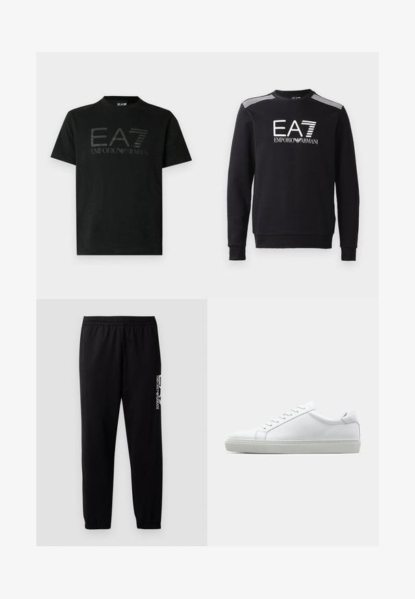 Svart sweatshirt laget av bomull, med rund hals, lange ermer, hvit EA7-logo og striper over skuldrene.; Svart t-skjorte med korte ermer laget av bomull, med pregete EA7- og Emporio Armani-logoer på fronten, rund hals og vanlig passform.; Sorte treningsbukser laget av glatt stoff, med elastisk midjebånd og mansjetter, samt en kontrasterende logo trykket på siden.; Hvit sneakers med en glatt skinnoverdel og lav profil. Har en rund tå, seks snøring hull, og en teksturert gummisåle.