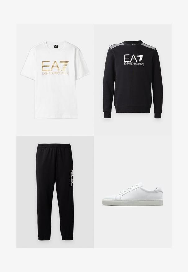Svart sweatshirt i bomull med rund halsringning, långa ärmar, vit EA7-logotyp och ränder över axlarna.; Vit bomull t-shirt med en stor guldmetallisk "EA7"-logotyp och texten "EMPORIO ARMANI" under, med korta ärmar och rundad halsringning.; Svarta träningsbyxor i slät väv, med elastisk midja och avslut, samt en kontrasterande logo tryckt på sidan.; Vit sneaker med en slät läderövre och låg profil. Har en rundad tå, sex snörhål och en strukturerad gummisula.