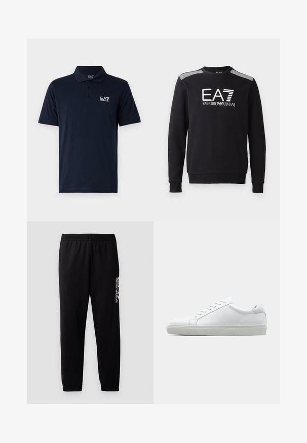 Fekete pamut pulóver, kerek nyakú, hosszú ujjal, fehér EA7 logóval és csíkokkal a vállakon.; Sötétkék polo ing, pamutból készült, gallérral, rövid ujjakkal, és fehér EA7 logóval a bal mellen. Klasszikus fit kialakítás.; Fekete sportnadrág sima anyagból, rugalmas derékkal és mandzsettákkal, az oldalán kontrasztos logónyomattal.; Fehér sportcipő sima bőr felső résszel és alacsony profilsal. Kerek orr, hat fűzőlyuk és barázdált gumitalp jellemzi.