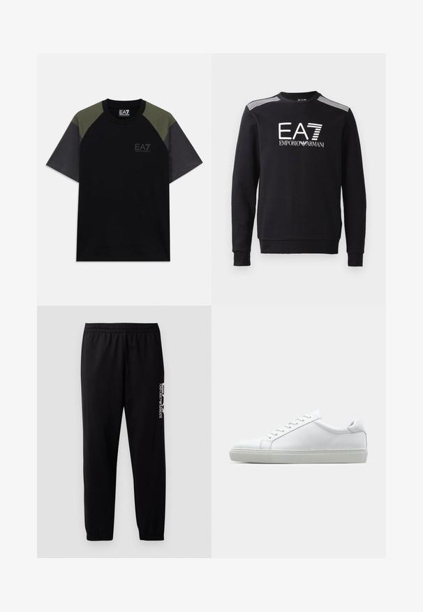 Svart sweatshirt laget av bomull, med rund hals, lange ermer, hvit EA7-logo og striper over skuldrene.; Kortskaftet svart T-skjorte med olivengrønne skulderpaneler, mørkegrå ermer, og EA7 Emporio Armani-logo på brystet og krageetiketten.; Sorte treningsbukser laget av glatt stoff, med elastisk midjebånd og mansjetter, samt en kontrasterende logo trykket på siden.; Hvit sneakers med en glatt skinnoverdel og lav profil. Har en rund tå, seks snøring hull, og en teksturert gummisåle.