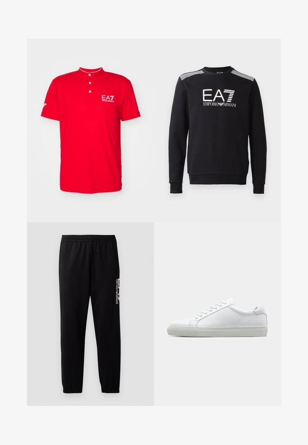 Zwarte sweatshirt van katoen, met een ronde hals, lange mouwen, een wit EA7-logo en strepen over de schouders.; Rode polo shirt met een korte, staande kraag, drie-knopenlijst en EA7-logo op de borst. Gemaakt van gladde, lichte stof.; Zwarte sportbroek van gladde stof, met een elastische tailleband en boorden, en een contrasterend logo aan de zijkant.; Witte sneaker met een gladlederen bovenwerk en een laag profiel. Voorzien van een ronde neus, zes vetergaatjes en een gestructureerde rubberen zool.