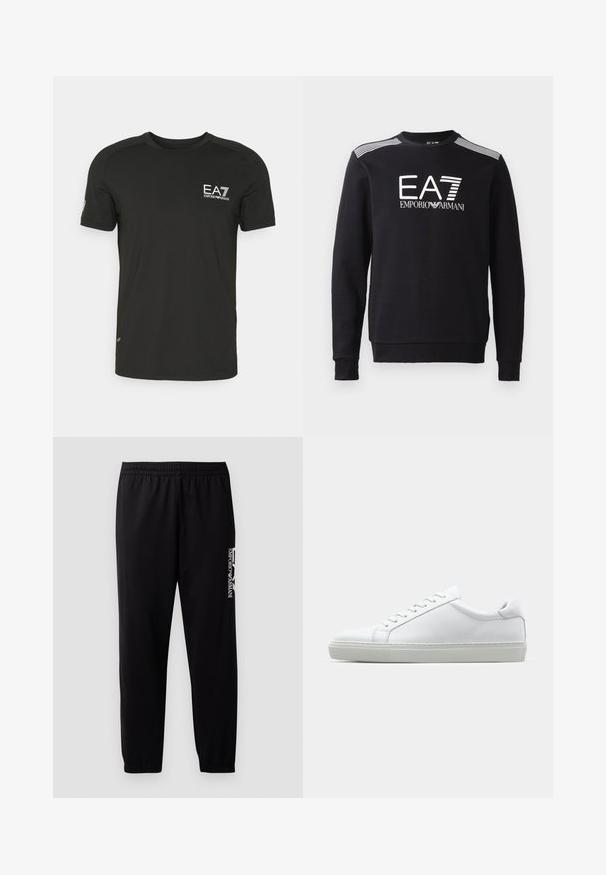 Černá mikina vyrobená z bavlny, s kulatým výstřihem, dlouhými rukávy, bílým logem EA7 a pruhy přes ramena.; Černé tričko vyrobené z měkké tkaniny, s kulatým výstřihem, krátkými rukávy a bílým logem EA7 na levé straně hrudi.; Černé sportovní kalhoty vyrobené z hladkého materiálu, s elastickým pasem a manžetami, a s kontrastním logem potištěným na boku.; Bílé tenisky s hladkým koženým svrškem a nízkým profilem. Mají zaoblenou špičku, šest nýtů a texturovanou gumovou podrážku.