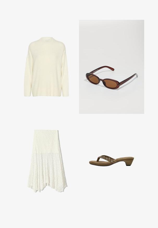 Kremasti pulover napravljen od mekog, pahuljastog materijala. Ima okrugli izrez, duge rukave i rebraste manžete i donji rub za dodatnu teksturu.; Bijela čipkasta suknja s teksturiranim uzorkom, koja ima asimetrični rub i lepršavu siluetu, izrađena od laganog materijala.; Smeđe antilop sandale s potpeticama minimalističkog dizajna, s tankim remenom i dekorativnim srebrnim zakovicama te skromnom konusnom potpeticom.; Okvir okruglih, smeđkastih sunčanih naočala s sjajnim burgundskim okvirom. Uski nositelji s suptilnim brendiranjem. Ravna leća.