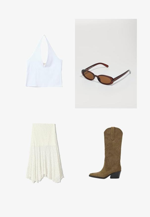 Cremefarvet sweater lavet af blødt, fluffy stof. Har en rund hals, lange ærmer og ribbede manchetter og kant for ekstra tekstur.; Hvid halterneck crop top med dyb V-udskæring, ribbet tekstur og lige kant. Enkelt design uden yderligere hardware eller mønstre.; Hvid blonde nederdel med et struktureret mønster, udstyret med en asymmetrisk kant og en let flydende silhuet, lavet af et letvægtsstof.; Mid-calf brune ruskind cowboy støvle med broderede svirvelmønstre, spids tå, hængsel og skrå sort stablet hæl.; Runde, bruntonede solbriller med en glansfuld bordeauxramme. Slanke arme med diskret brandingdetalje. Flad linsedesign.