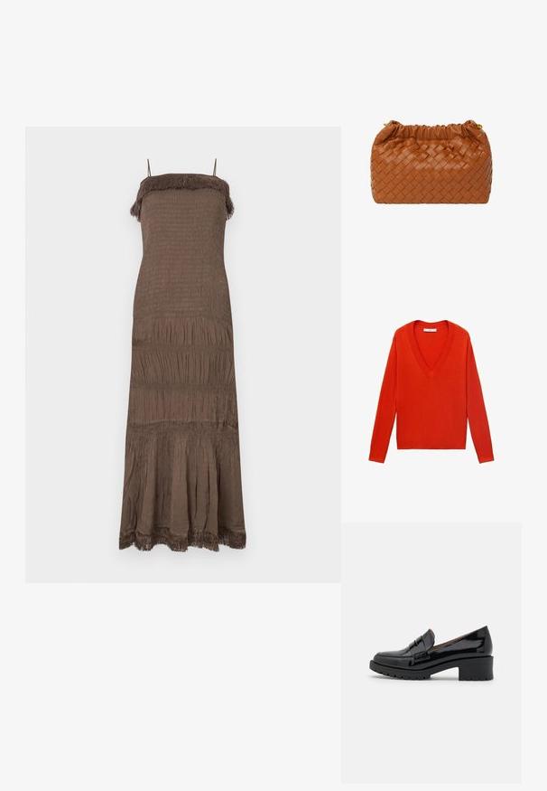 Roter V-Ausschnitt-Pullover mit langen Ärmeln und lockerer Passform. Hergestellt aus weichem Strickmaterial und mit dezenten Rippdetails am Saum und an den Bündchen.; Braunes, ärmelloses Kleid mit geschnürtem Oberteil, gestuftem Rock und Fransen am Ausschnitt und Saum. Weicher, strukturierter Stoff.; Schwarze Lackleder-Lederschuhe mit einem niedrigen, klobigen Absatz, ausgestattet mit einem vorderen Riemen-Detail und einer strukturierten Gummisohle für besseren Halt.; Braune geflochtene Lederhandtasche mit einem gerafften Oberteil und goldenen Hardware-Details. Kompakte rechteckige Form, glatte Textur und geflochtenes Muster.