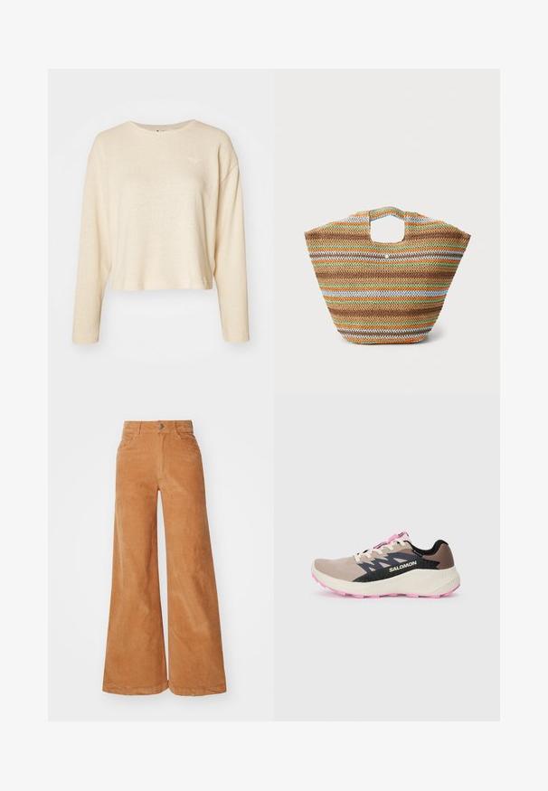 Cream-colored cropped sweater with long sleeves, made of textured fabric. Features a small, subtle logo on the chest and a crew neckline.; Corduroy wide-leg trousers in a warm brown color, featuring a high waist, button closure, and two front pockets. Smooth texture and visible seam details.; Beige and pink Salomon running shoe with black logo and design accents, cream midsole, and pink outsole, viewed from the side on a plain background.; Woven straw tote bag with multicolored stripes in brown, green, orange, and blue. Features a flat shape and two hand openings. Lightweight design.