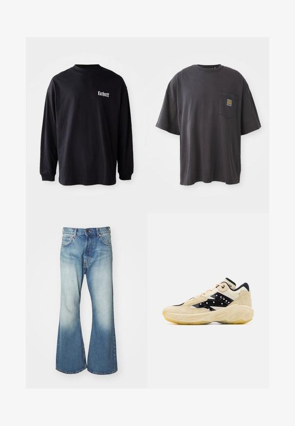 T-shirt à manches longues noir en coton, avec un col rond et un petit logo blanc sur la poitrine gauche. Texture douce avec une coupe décontractée.; T-shirt en coton noir à manches courtes, col rond et poche sur la poitrine gauche avec un patch logo carré. Design simple et sans ornement.; Weekday TIME LOOSE - Jean droit - blue; Baskets beiges et noires avec un dessus en daim, marquées par un panneau latéral noir lisse parsemé de points blancs, et une semelle en caoutchouc texturée.