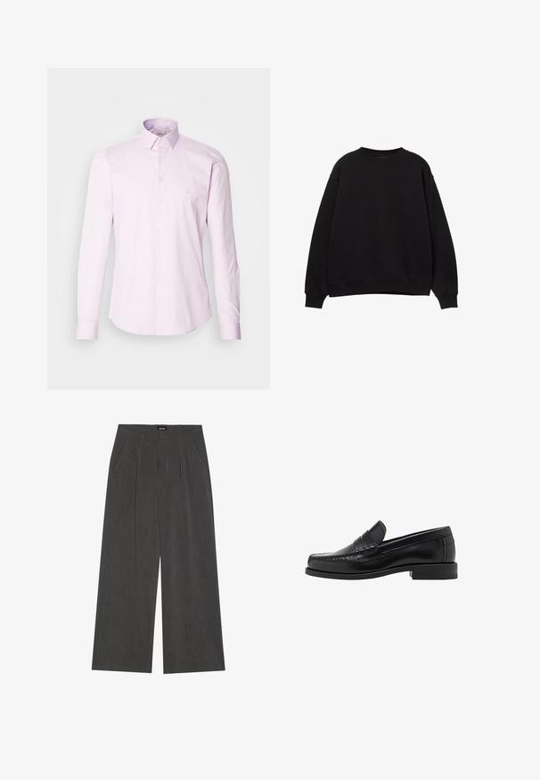 Czarna bluza z okrągłym dekoltem, opadającymi ramionami i ściągaczami. Wykonana z miękkiego materiału, charakteryzuje się prostym, klasycznym wzorem.; Jasnoróżowa, długozdrowa koszula zapinana na guziki, wykonana z bawełny, z klasycznym kołnierzykiem, z przodu na guziki oraz z małym logo na piersi.; Spodnie o szerokich nogawkach w ciemnoszarym kolorze, z plisowanym przodem, dwiema bocznymi kieszeniami i płaskim pasem. Gładka tekstura i dopasowany krój.; Czarne skórzane mokasyny o gładkim wykończeniu, ze stębnowaniem na nosie i niskim obcasem, zapewniającymi komfort i styl.