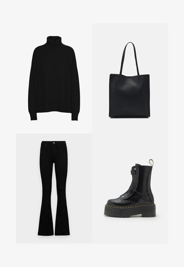 Must mustääristest valmistatud pehme materjaliga, lõdva lõikega, pikkade varrukatega, ribatud varrukate otstega ja sujuva tekstuuriga.; Mustad kõrge vöökohtadega teksad, millel on nööp ja lukuga sulgemine, esikäe taskud ja laienevad sääred, asetatud tasasele valgele taustale.; Dr. Martens JETTA HI MAX - Platvormtallaga poolsaapad - black; Mustast nahast kott sujuva tekstuuriga, ristkülikukujuline ja kahe pika sangaga. Pole nähtavat riistvara ega kaunistusi.