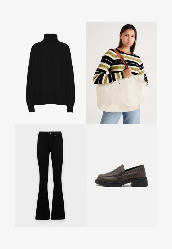 Musta pooltukka neule, joka on valmistettu pehmeästä materiaalista, rento istuvuus, pitkät hihat, ribbireunat ja tasainen rakenne kauttaaltaan.; Mustat korkeavyötäröiset farkut nappi- ja vetskariyläosalla, etutaskuilla ja levenevillä lahkeilla, asetettuna tasaisesti valkoista taustaa vasten.; Ruske nahkised loafersid, ümarate varvastega, dekoratiivse rihmaga ja väljapaistva musta plokkninaga. Sile pind koos peene tekstuuriga.; Iso beige kangaskassi, jossa on ruskeat nahkaremmit, minimalistisella suunnittelulla ja näkyvillä ompeluvarastoilla.