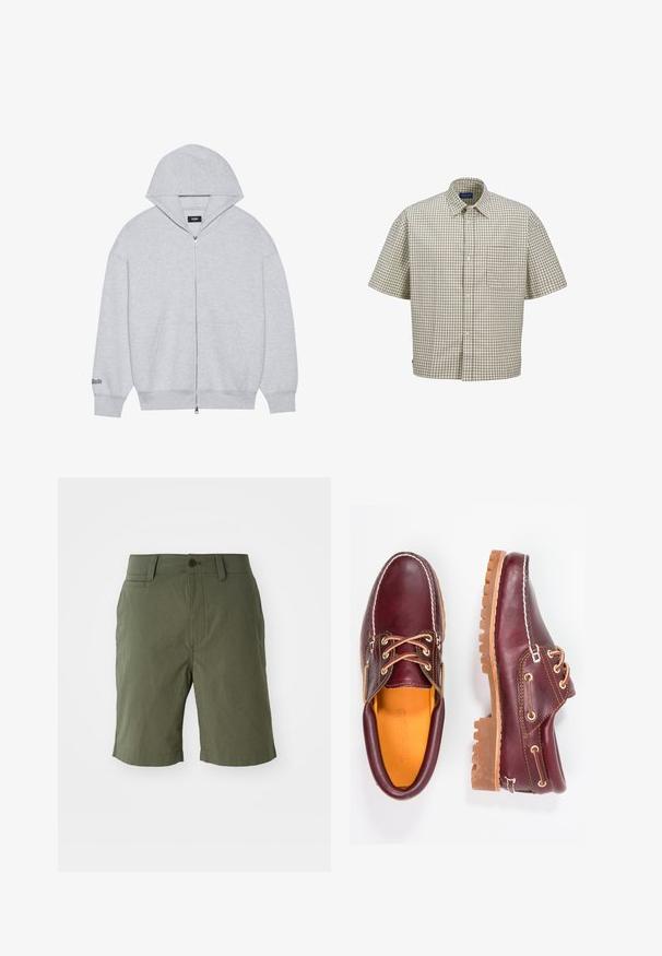 Šedá zipová mikina vyrobená z měkké látky. Má velkou kapuci, přední kapsy a potisk na levém rukávu.; Krátký rukáv, kostkovaná košile v béžové a hnědé barvě, s límcem na knoflíky, náprsní kapsou a volným střihem s mřížkovaným vzorem.; Olivově zelené šortky vyrobené z lehkého materiálu, s plochým předním dílem, dvěma bočními kapsami, jednou zadní kapsou a zapínáním na knoflík.; Burgundské kožené boty s hnědými gumovými podrážkami, kulatou špičkou, bílým prošíváním a zlatými očky. Interiér obsahuje žlutou podšívku.