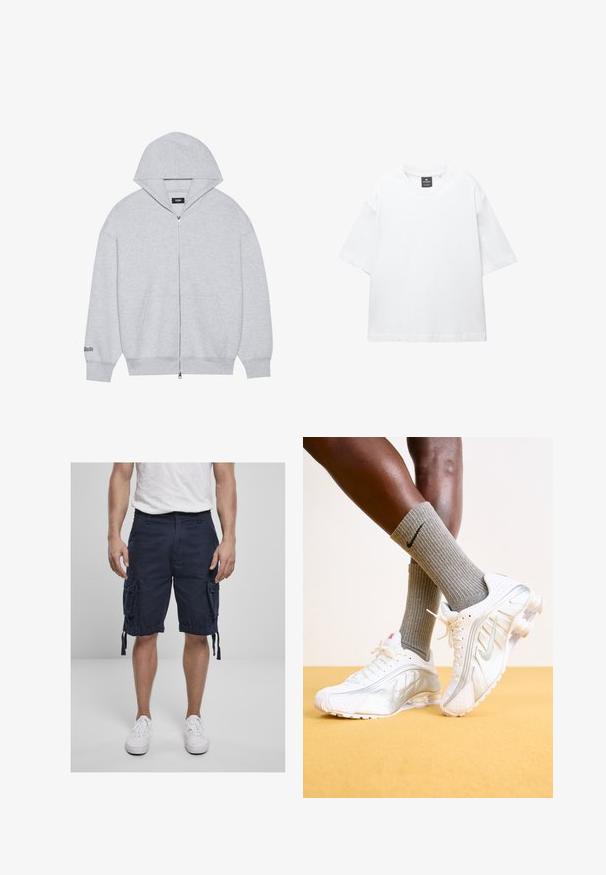 Siva zip-up dukserica izrađena od mekanog materijala. Ima veliki kapuljaču, prednje džepove i otisnuti tekst na lijevom rukavu.; Bijela majica kratkih rukava od pamuka, s okruglim izrezom i opuštenim krojem sa ravnim rubom. Bez uzoraka ili ukrasa.; Mornarice plave cargo kratke hlače s rubovima na vezanje i višestrukim bočnim džepovima, izrađene od lagane tkanine. Uparene s bijelim tenisicama.; Nike tenisice u bijeloj boji sa srebrnim akcentima, s teksturiranim panelima i perforacijama. Kombinirane sivoj rebrastim čarapkama, postavljene na žutoj pozadini.