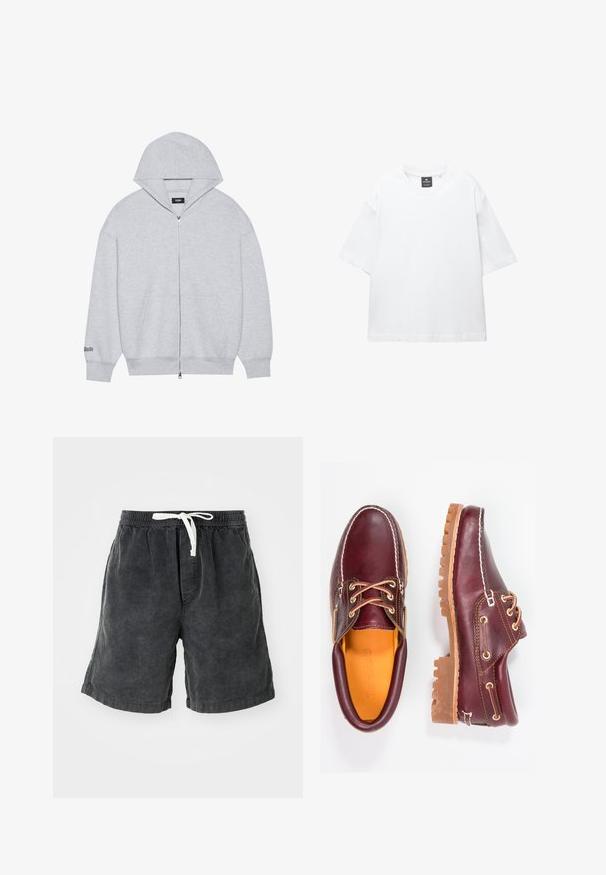 Haut de sweatshirt gris zippé en tissu doux. Il comporte une grande capuche, des poches avant et un texte imprimé sur la manche gauche.; T-shirt blanc à manches courtes en coton, avec un col rond et une coupe décontractée àOurlet droit. Sans motifs ni embellissements.; Shorts en velours côtelé de couleur gris foncé avec des rayures verticales. Dotés d'une taille élastique avec un cordon blanc. Design décontracté adapté aux temps chauds.; Chaussures en cuir bourgogne avec semelles en caoutchouc marron, bout rond, couture blanche et œillets dorés. L'intérieur présente une doublure jaune.