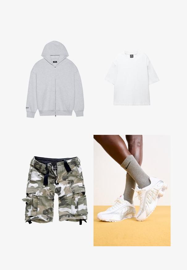 Szürke zipzáros kapucnis pulóver, puha anyagból készült. Nagy kapucnival, elülső zsebekkel és nyomtatott szöveggel a bal ujján.; Fehér, rövid ujjú póló, pamutból készült, kerek nyakkivágással és laza, egyenes szabással. Nincsenek minták vagy díszítések.; Zöld és fehér álcázó cargo rövidnadrág, több zsebbel, cipzáros elemmel és fekete húzózsinórral. Pamut anyag, lazább fazonnal.; Fehér Nike sportcipők ezüst díszítésekkel, textúrázott panelek és perforációk jellemzik őket. Szürke bordás zoknikkal viselve, sárga háttér előtt.