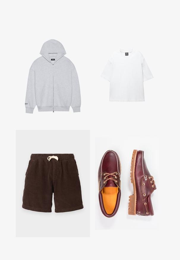 Šedá zipová mikina vyrobená z měkké látky. Má velkou kapuci, přední kapsy a potisk na levém rukávu.; Bílý krátký rukáv tričko vyrobené z bavlny, s kulatým výstřihem a volným střihem se rovním lemem. Bez vzorů nebo zdobení.; Hnědé kordurové šortky s elastickým pasem, stahovací šňůrkou a bočními kapsami. Tkanina má vertikální žebrování a texturovaný povrch.; Burgundské kožené boty s hnědými gumovými podrážkami, kulatou špičkou, bílým prošíváním a zlatými očky. Interiér obsahuje žlutou podšívku.