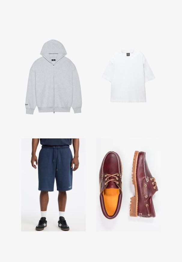 Grau zip-up Hoodie aus weichem Stoff. Mit einer großen Kapuze, Fronttaschen und bedrucktem Text am linken Ärmel.; Weißes T-Shirt mit kurzen Ärmeln aus Baumwolle, das über einen Rundhalsausschnitt und einen lockeren Schnitt mit geradem Saum verfügt. Keine Muster oder Verzierungen.; Navyblaue Baumwollshorts mit einem elastischen Bund, Kordelzug, Seitentaschen und "GUESS"-Logo am vorderen Saum.; Bordeauxfarbene Lederschuhe mit braunen Gummisohlen, runder Zehenform, weißen Nähten und goldenen Ösen. Das Innenfutter weist eine gelbe Beschichtung auf.