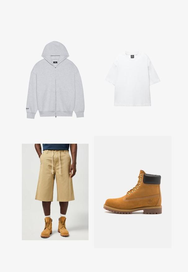 Haut de sweatshirt gris zippé en tissu doux. Il comporte une grande capuche, des poches avant et un texte imprimé sur la manche gauche.; T-shirt blanc à manches courtes en coton, avec un col rond et une coupe décontractée àOurlet droit. Sans motifs ni embellissements.; Shorts beiges en coton avec une coupe ample, dotés d'une taille à cordon de serrage et de poches latérales. Associés à des bottes de travail beiges et des chaussettes blanches.; Bottine en daim beige avec un col rembourré noir, œillets en métal doré, détails de surpiqûres blanches et semelle en caoutchouc robuste avec des crampons prononcés.
