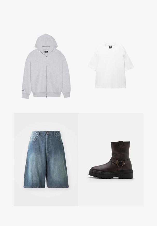 Felpa grigia con zip realizzata in tessuto morbido. Presenta un ampio cappuccio, tasche frontali e testo stampato sulla manica sinistra.; T-shirt bianco a maniche corte in cotone, con scollatura rotonda e vestibilità rilassata con orlo dritto. Nessun motivo o decorazione.; Shorts in denim di un blu medio, con vita alta, cinque tasche e una vestibilità dritta. Dettaglio distintivo di sfumature nella parte anteriore.; Stivale alla caviglia in pelle marrone con punta quadrata, dettagli in fibbia e suola nera spessa. Presenta una cerniera laterale e una superficie testurizzata.