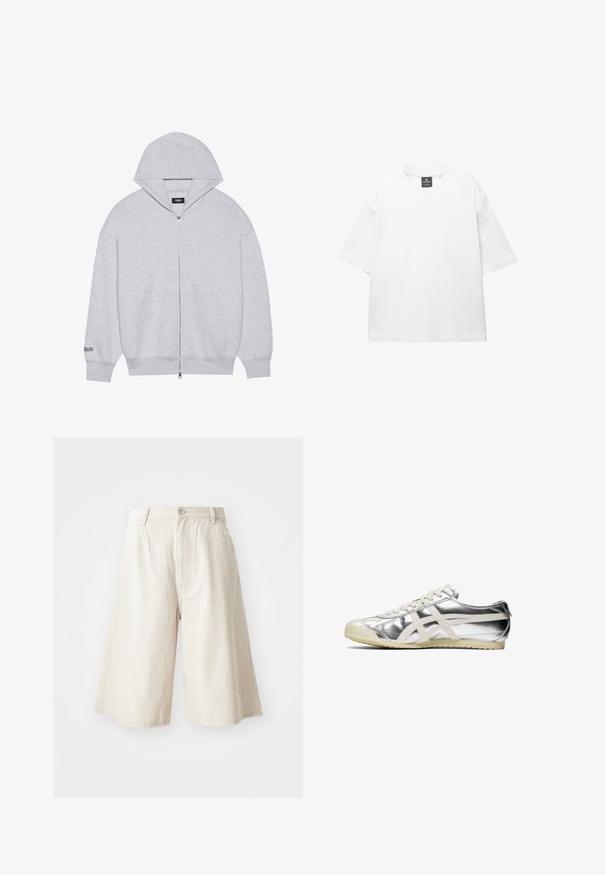 Haut de sweatshirt gris zippé en tissu doux. Il comporte une grande capuche, des poches avant et un texte imprimé sur la manche gauche.; T-shirt blanc à manches courtes en coton, avec un col rond et une coupe décontractée àOurlet droit. Sans motifs ni embellissements.; Shorts larges beige en coton, avec une coupe droite, des poches avant et une fermeture à bouton visible à la taille.; Baskets métalliques argentées avec des accents et des lacets blancs. Présentent une surface texturée, un bout arrondi et une semelle en caoutchouc avec un motif pour l'adhérence.