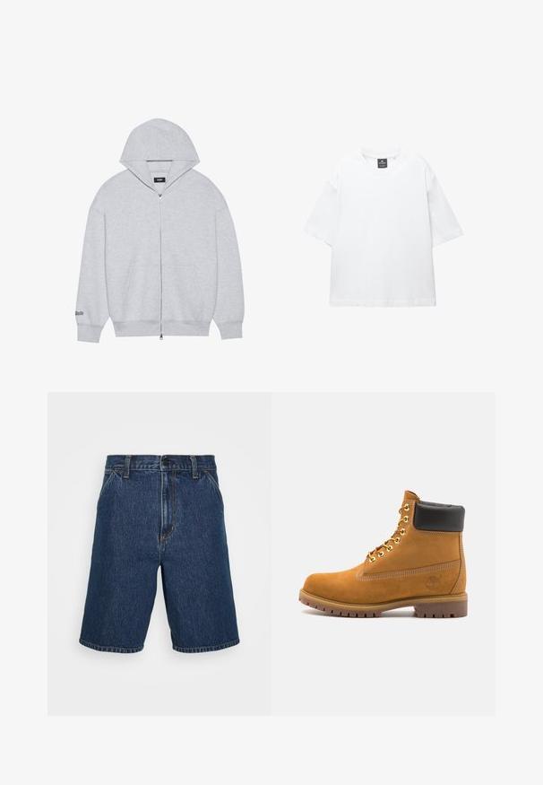 Huppari harmaana vetoketjulla, valmistettu pehmeästä kankaasta. Varustettu suurella hupulla, etutaskuilla ja vasemmassa hihassa olevalla painetulla tekstillä.; Valkoinen lyhythihainen T-paita, joka on valmistettu puuvillasta. Paita on pyöreäkauluksinen, väljästi leikattu ja suorahelmainen. Ei kuvioita eikä koristeita.; Tummansiniset farkkushortsit suoralla leikkauksella. Ominaisuuksiin kuuluu keltainen ommel ja klassinen viisi-taskumuotoilu. Tavallinen vyötärö ja viimeistellyt reunat.; Valkoinen nahkainen nilkkuri mustalla pehmustetulla kauluksella, kultaisilla metallisilla rei'illä, valkoisella ompeluksella ja jykevällä kumipohjalla, jossa on selvästi näkyvät urat.