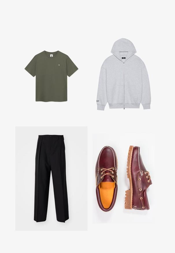 Siva zip-up dukserica izrađena od mekanog materijala. Ima veliki kapuljaču, prednje džepove i otisnuti tekst na lijevom rukavu.; Jednostavna maslinasto zelena majica kratkih rukava s okruglim izrezom i malim bijelim kružnim logotipom "W" na lijevoj strani prsnog koša.; Crne plisirane hlače s ravnim širokim nogavicama. Izrađene od glatkog materijala, s dugmadi za zatvaranje i petljama za remen.; Burgundske kožne cipele s smešnim gumenim potplatima, okruglim vrhom, bijelim šavovima i zlatnim rupama za vezivanje. Unutrašnjost ima žutu podstavu.