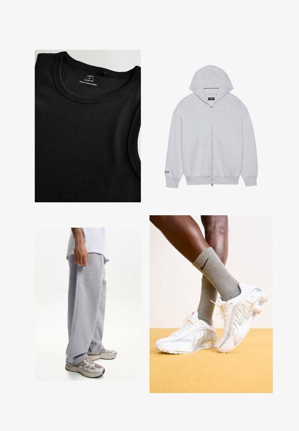 Szara bluza z kapturem zapinana na zamek, wykonana z miękkiego materiału. Posiada duży kaptur, przednie kieszenie oraz nadrukowany tekst na lewym rękawie.; Czarny top na ramiączkach wykonany z prążkowanej tkaniny o dopasowanym kroju. Posiada okrągły dekolt i płaskie szwy zapewniające gładkie wykończenie.; Szare dresy wykonane z miękkiego materiału, charakteryzujące się luźnym krojem i elastycznym paskiem w talii. Połączone z beżowymi i szarymi butami sportowymi.; Białe sneakersy Nike z srebrnymi akcentami, z teksturowanymi panelami i perforacjami. Połączone z szarymi skarpetami o prążkowanej strukturze, na żółtym tle.