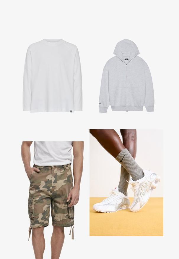 Grijze zip-up hoodie gemaakt van zacht materiaal. Heeft een grote capuchon, voorzakken en bedrukte tekst op de linkermouw.; Witte lange mouwen t-shirt met een ronde hals, een ontspannen pasvorm en raglanmouwen. Gemaakt van zachte katoen stof; heeft een klein merklabel.; Camo cargoshorts in gedempte groen- en bruintinten met zijzakken en verstelbare koordjes aan de zoom, gecombineerd met witte sneakers.; Nike sneakers in het wit met zilveren accenten, met textuurpanelen en perforaties. Gecombineerd met grijze geribde sokken, tegen een gele achtergrond.
